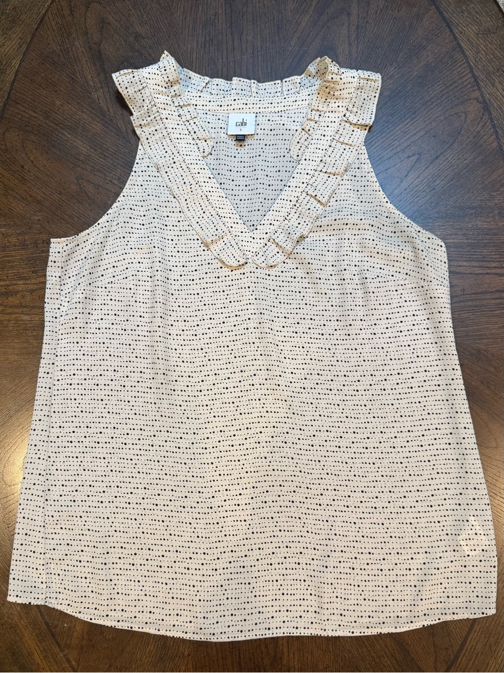 CAbi Cream Sleeveless V-Neck Top with Black Dot Print